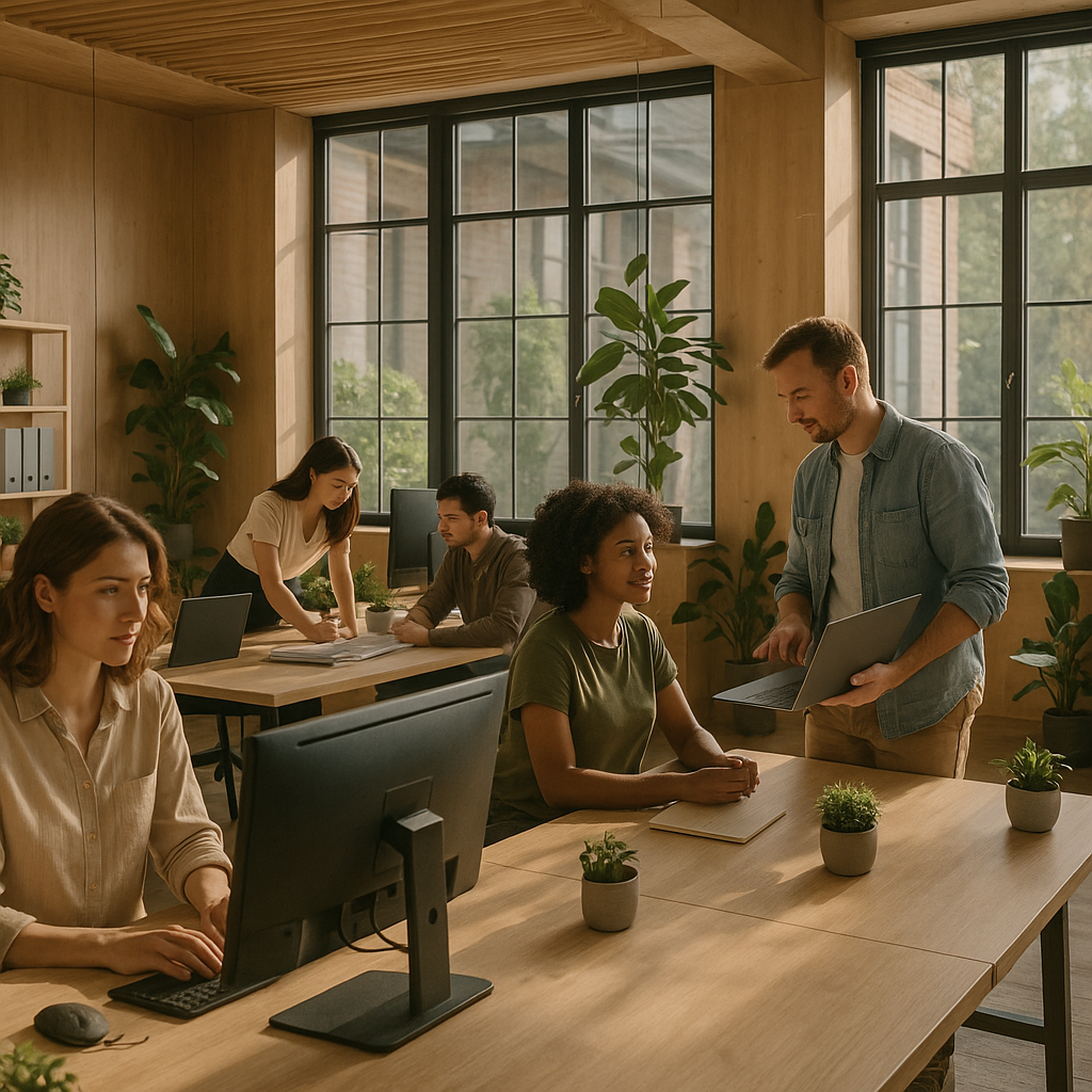 Modern open-plan office showcasing sustainable workplace interiors with natural materials and greenery