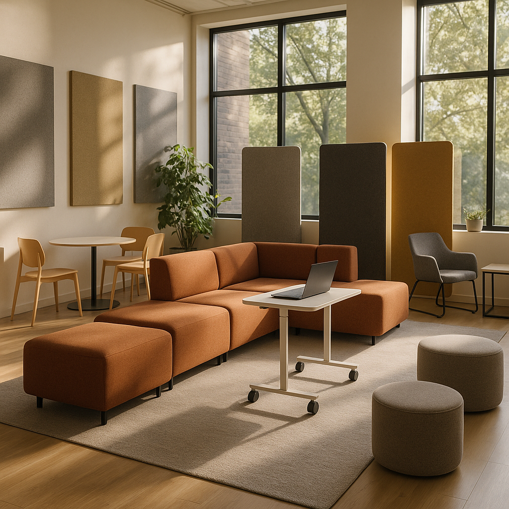 Hybrid office layout designed with sustainable workplace interiors principles and flexible zones