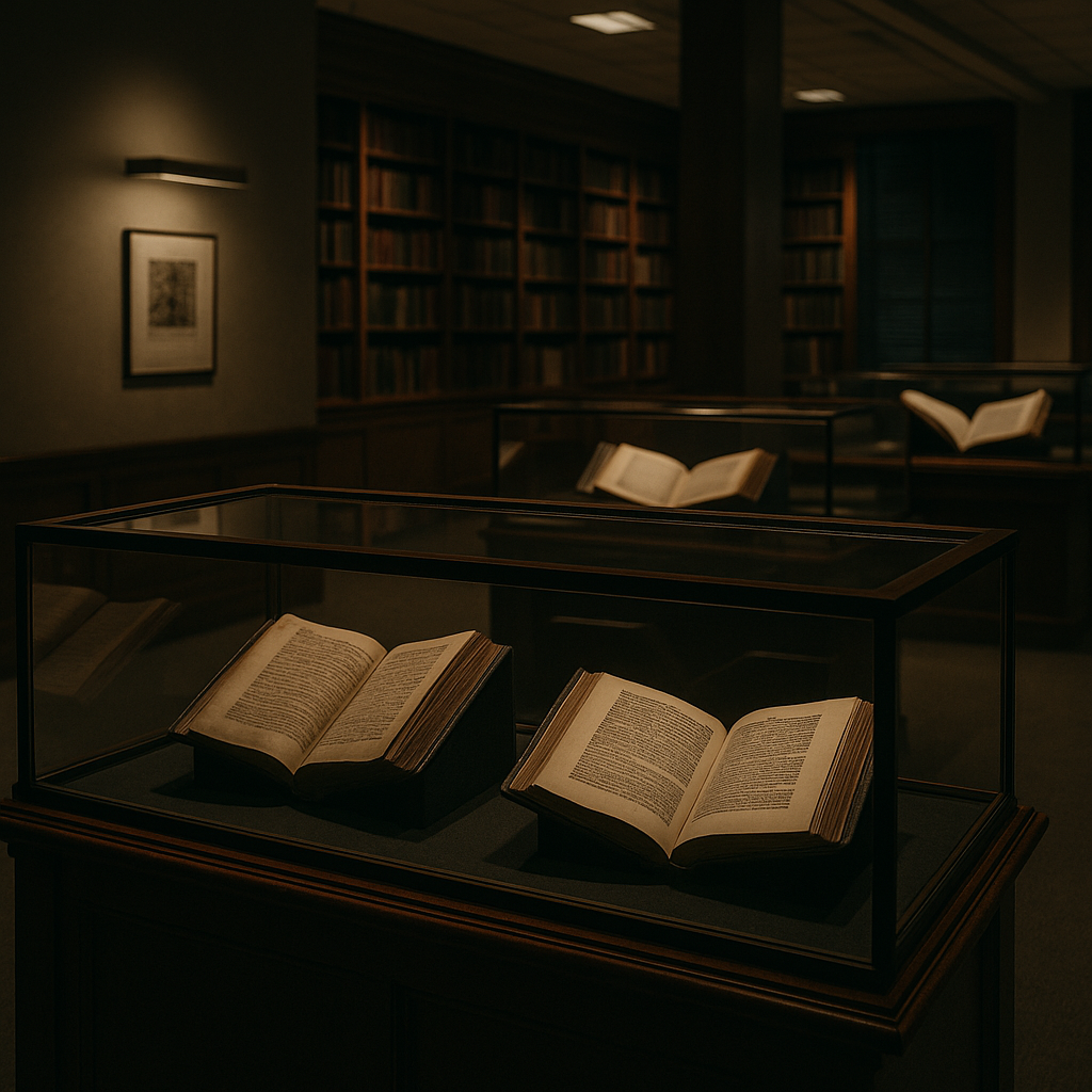 Museum reading room display cases exhibiting rare volumes linked to anthropodermic books in a quiet, moody setting.
