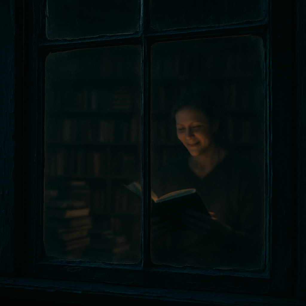 Faint reflection of a reader in an old window, surrounded by books, evoking haunted window tales