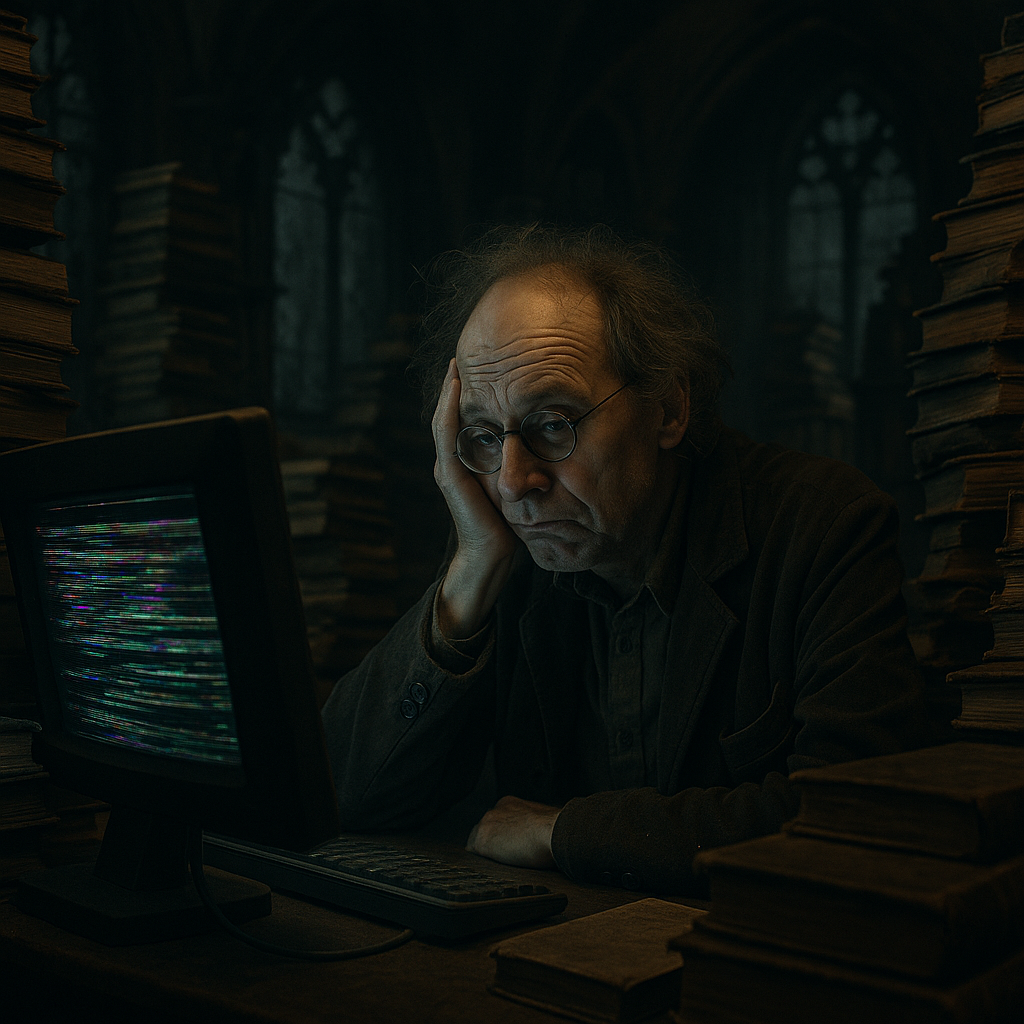 Tired bookseller at a haunted-looking till surrounded by mysterious stacks of books, suggesting haunted bookshop novels