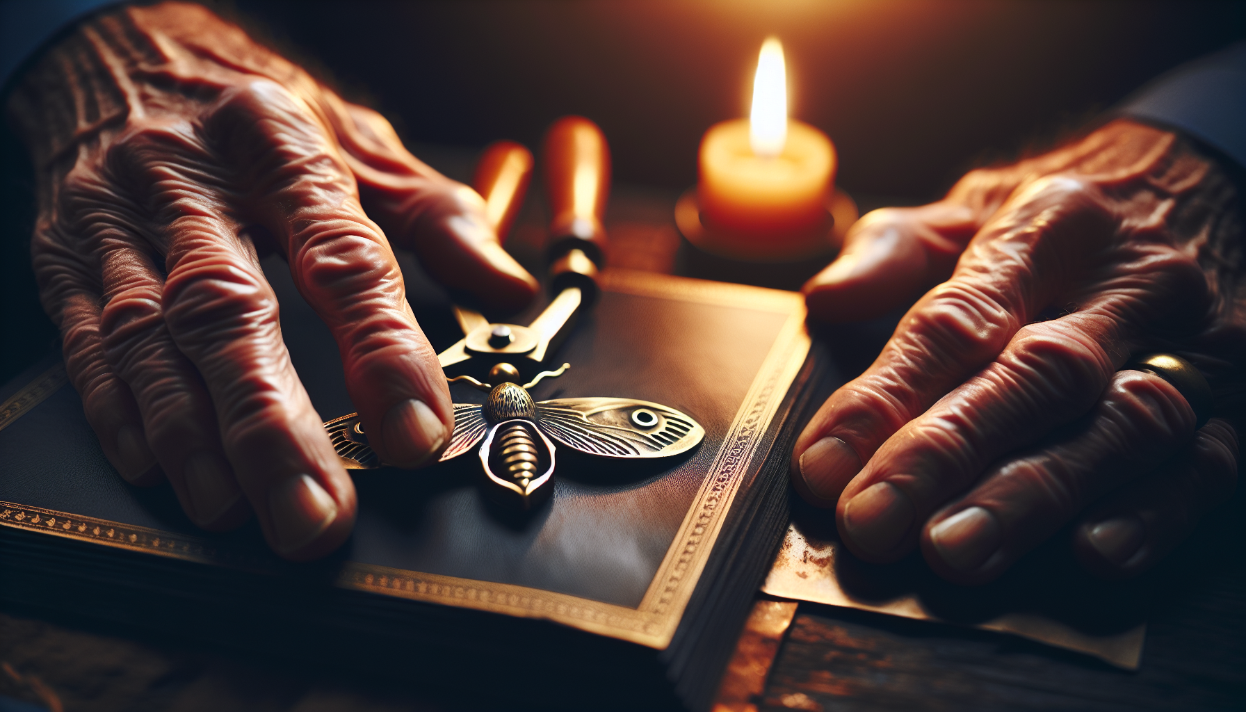 Close-up of a brass clasp being set into leather in a dark handmade craftsmanship scene
