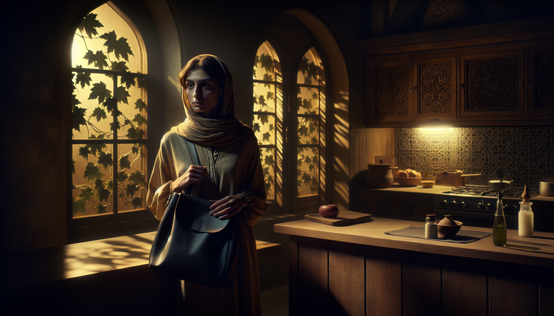 Woman holding a handmade leather bag in a moody kitchen scene from a dark story about handmade craftsmanship