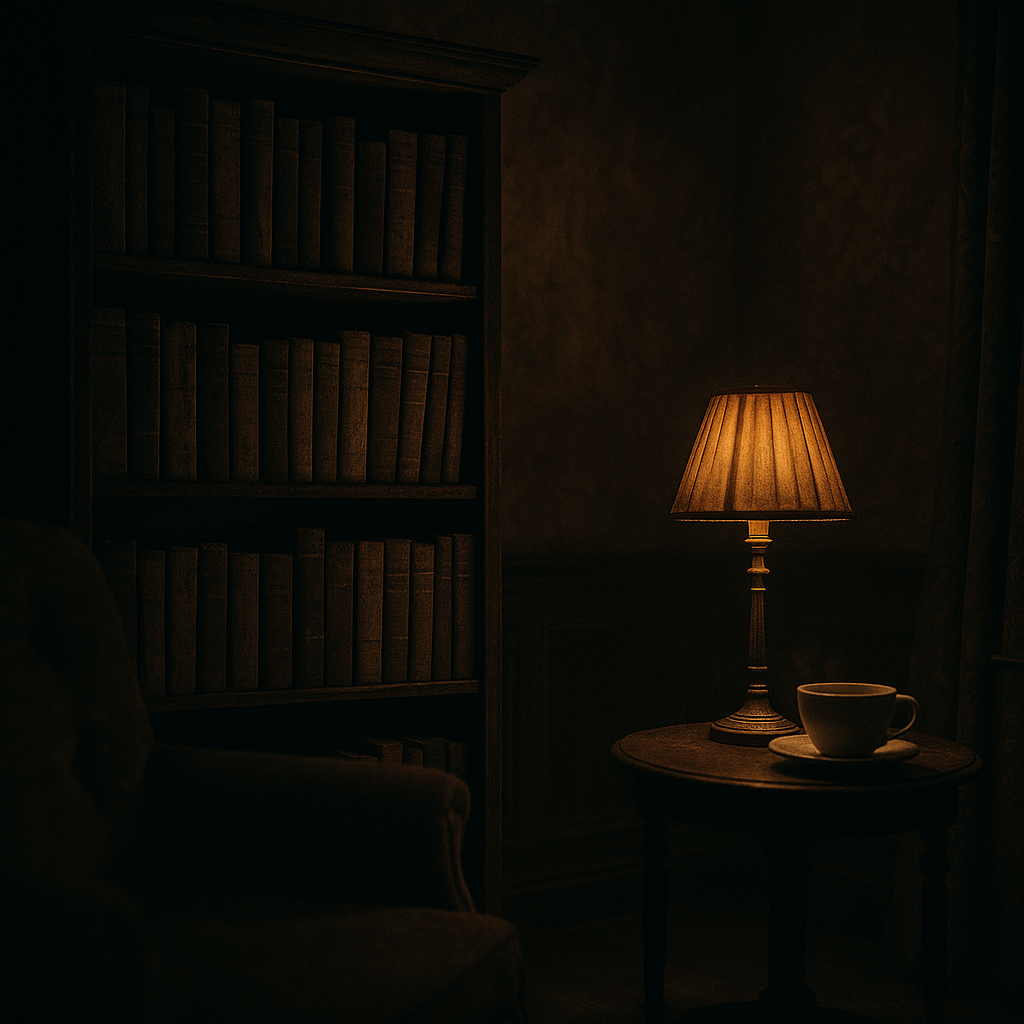 Dimly lit Victorian bookshelf at night evoking books about grief and healing