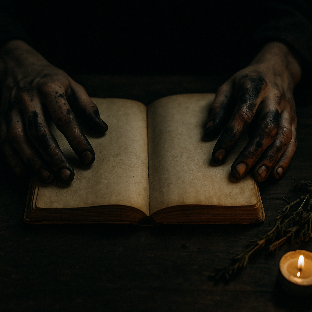 Ink-stained hands holding an open book surrounded by candles and herbs, inspired by best witchy fantasy books