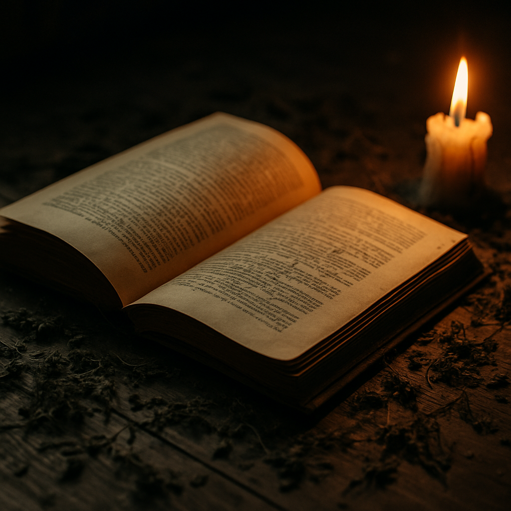 Open worn paperback on candlelit floor, detail from a Circe Madeline Miller review reading scene
