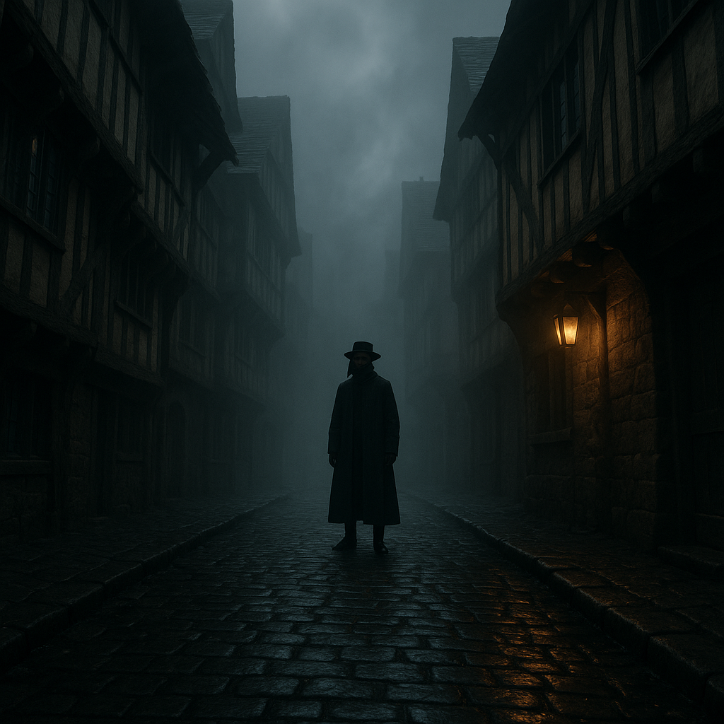 A plague doctor in a beaked mask standing in a foggy medieval London street, evoking the atmosphere of the best historical horror novels UK readers explore