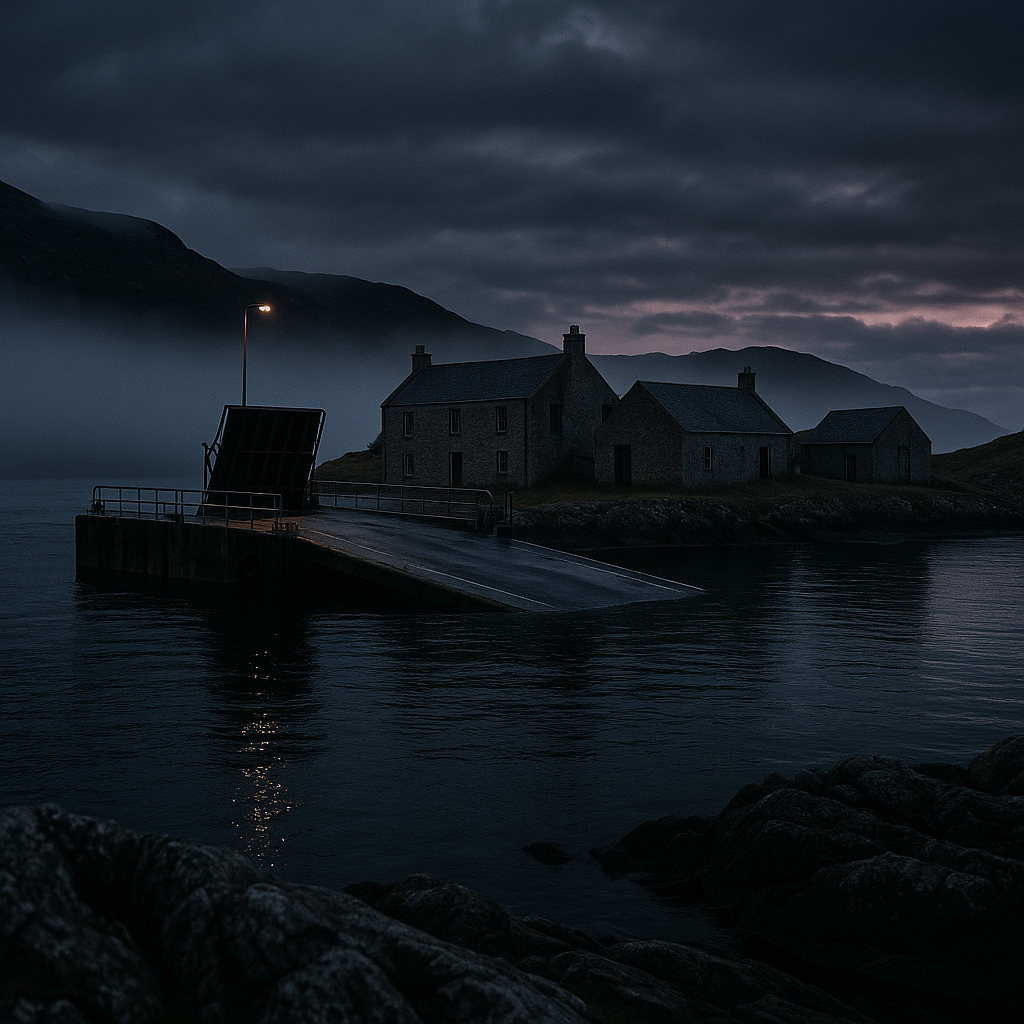 Empty Scottish island harbour at dawn with no ferry, evoking the atmosphere of the best isolated setting horror novels UK 2026
